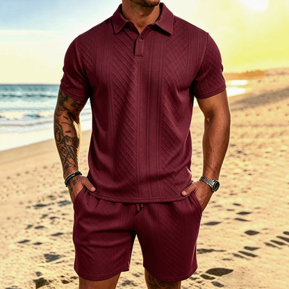 Cardydony Men's Leisure Textured Polo Shirt And Shorts Two Piece Set