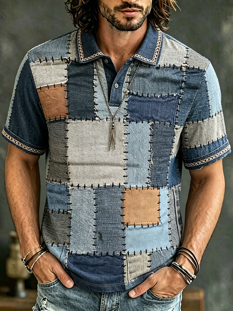 Cardydony Men's Vintage Spring Summer Patchwork Style Art Print Flowy Polo Shirt