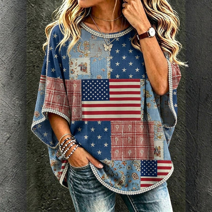 Cardydony Women's Retro Independence Day Flag Puzzle Casual Mid-sleeve T-shirt