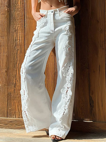 Cardydony Vintage Bohemian Lace-paneled Distressed Washed Denim Jeans