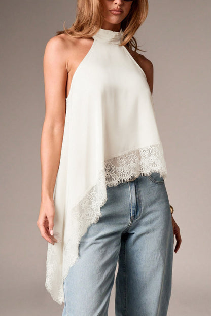 Cardydony Women's Solid Color Satin Sleeveless Lace Hem Loose Top