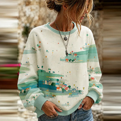 Cardydony Women's Vintage Geometric Landscape Art Print Comfortable Casual Crewneck Sweatshirt