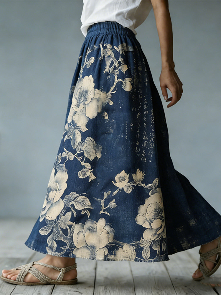 Cardydony Japanese Art Bohemian Retro Plant Flower Print Women's Half-length Dress