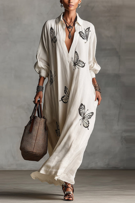 Cardydony Women's Butterfly Print V-Neck Long Sleeve Loose Casual Maxi Dress