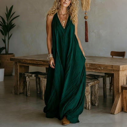 Cardydony Loose Solid Color Lapel Casual Short-sleeved Cotton Linen Dress
