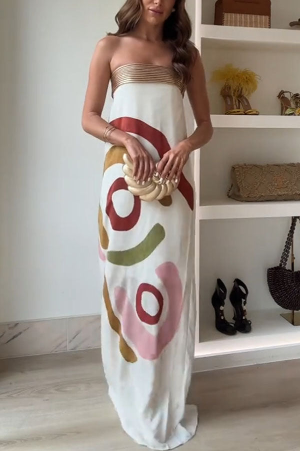 Cardydony Women's Darlin' Unique Print Pleated Metal Collar Strapless Maxi Dress