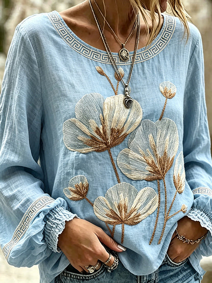 Cardydony Women's Vintage Floral Art Print Casual Long-sleeve T-shirt