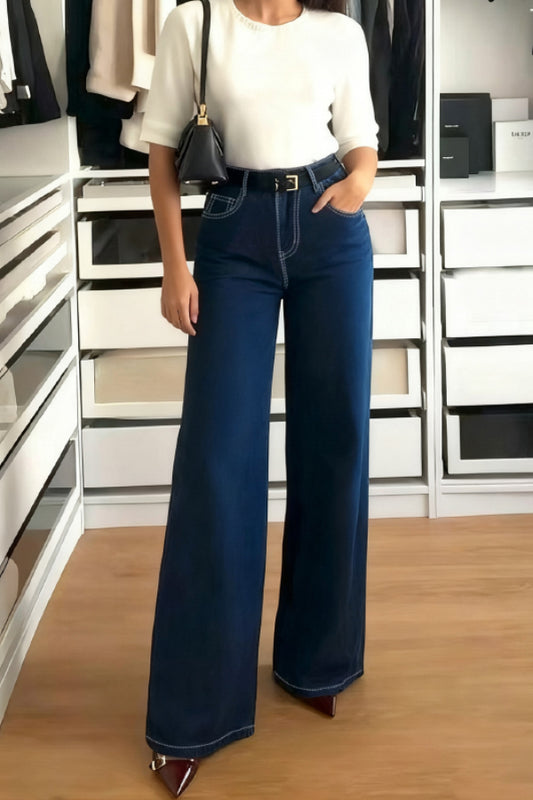 Cardydony Women's  Stylish High-waisted Pocket Casual Straight-leg Wide-leg Jeans