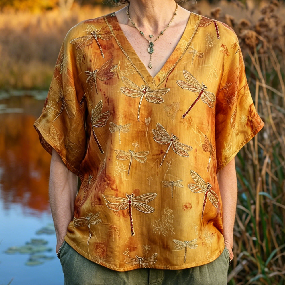 Cardydony Bohemian Ombre Caramel Tie Dye Satin Dragonfly Embroidery V Neck Blouse