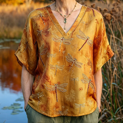 Cardydony Bohemian Ombre Caramel Tie Dye Satin Dragonfly Embroidery V Neck Blouse