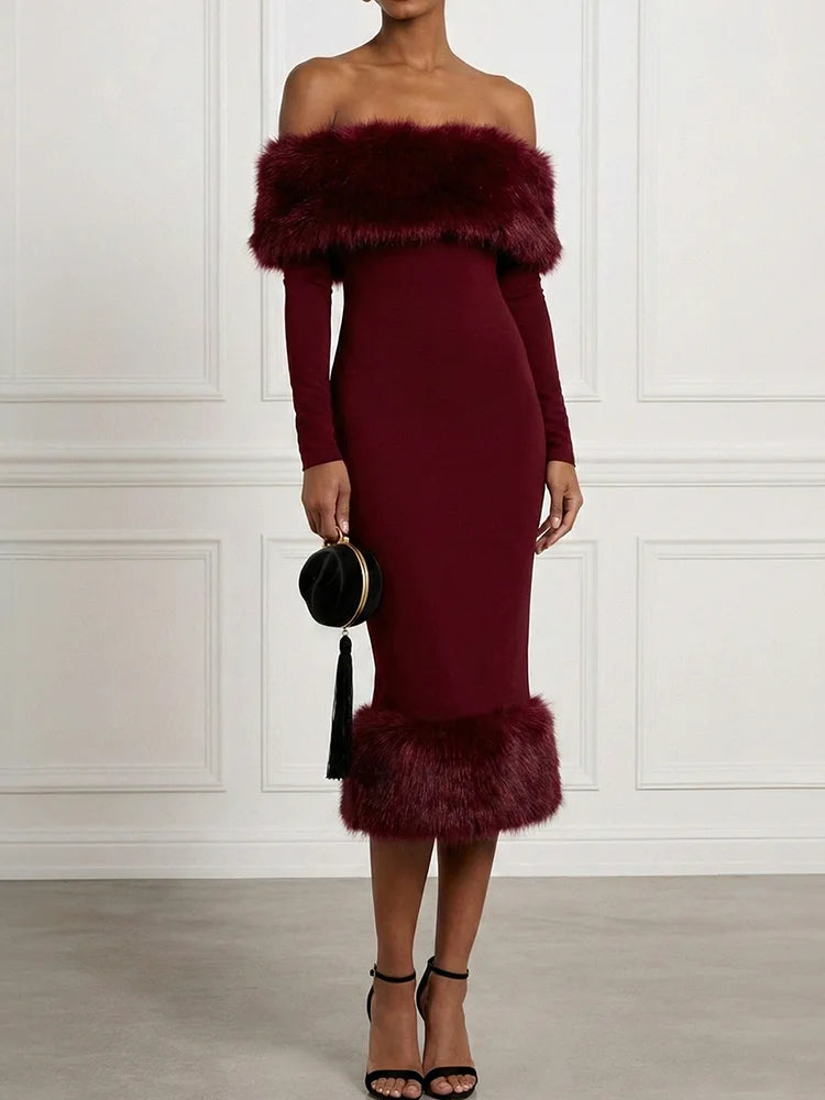 Cardydony Elegant Faux Fur Off-shoulder Midi Dress