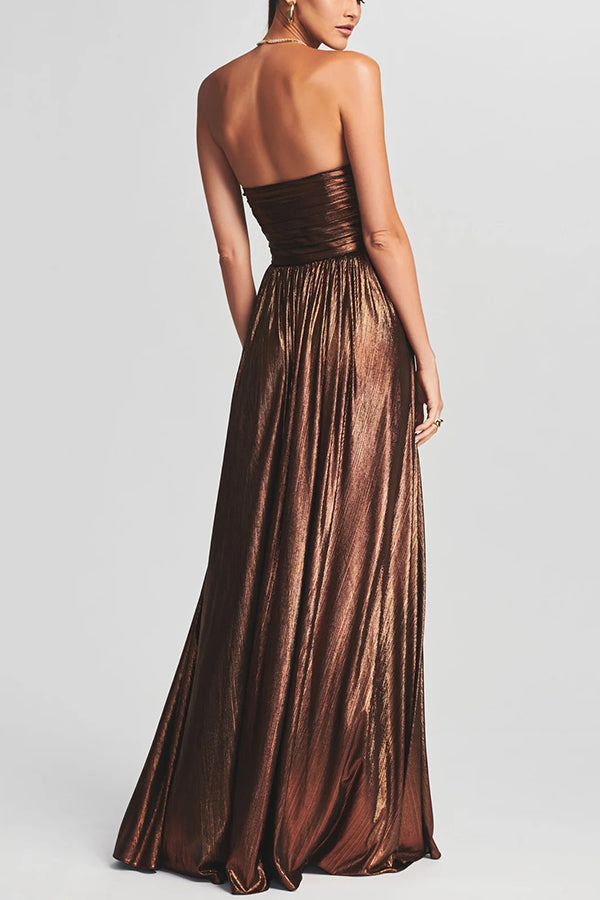 Cardydony Women's Goddess Temperament Metallic Pleated Fabric Off Shoulder Slit Maxi Dress