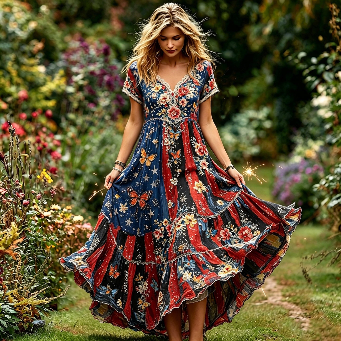 Cardydony Women's American Anniversary Flag Art Cotton Linen Short Sleeve Dress