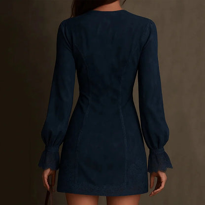 Cardydony Retro Classy Lace Patchwork Long Sleeve Mini Dress
