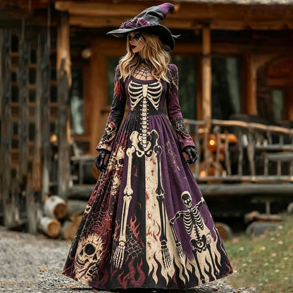 Cardydony Women's Vintage Halloween Skeleton Print Crew Neck Long Sleeve Maxi Dress