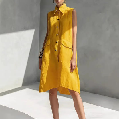 Cardydony Casual Loose-fit Linen Sleeveless Shirt Dress