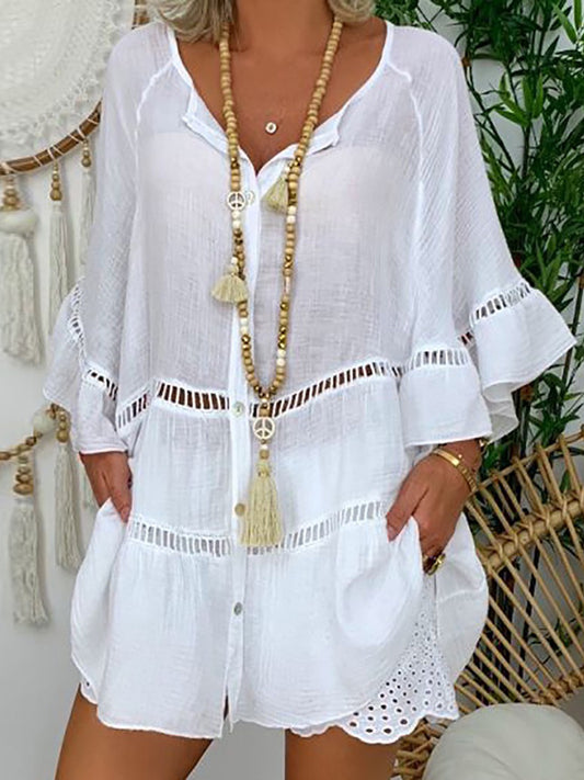 Cardydony Casual Lace-trimmed Three-quarter Sleeve Cotton And Linen Shirt Dress