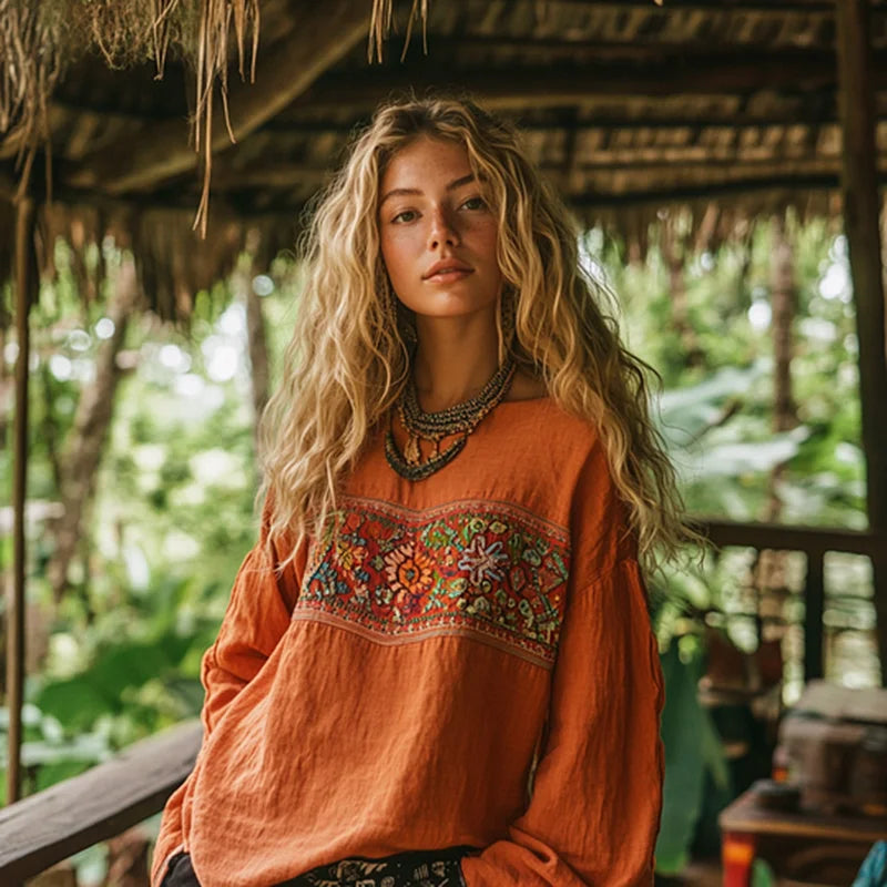 Cardydony Retro Bohemian Art Embroidery Print Cotton And Linen Blend Loose Blouse