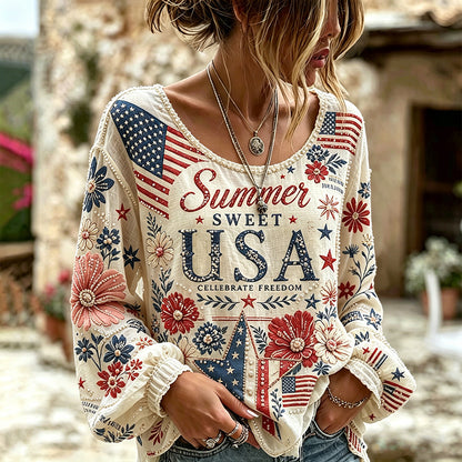 Cardydony Boho Patriotic Floral Summer Sweet Usa Flag Rhinestone Sleeve Top