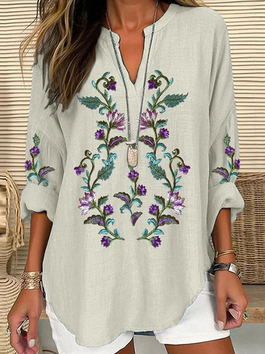 Cardydony Scottish Thistle Embroidered Linen Blend Blouses