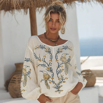 Cardydony Women's Floral And Bird Pattern Linen Blend Crew Neck T-shirt
