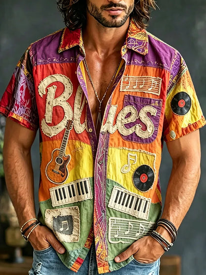 Cardydony Men's Colorful Blues Music Patchwork Fabric Print Short Sleeve Shirt