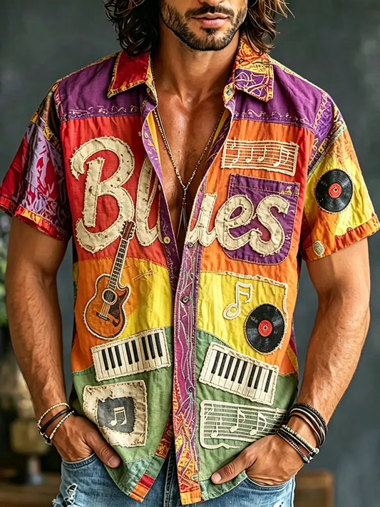 Cardydony Men's Colorful Blues Music Patchwork Fabric Print Short Sleeve Shirt