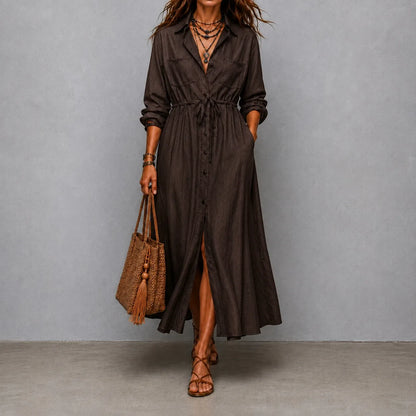 Cardydony Elegant Long-sleeved Drawstring Waist Shirt Dress Maxi Dress