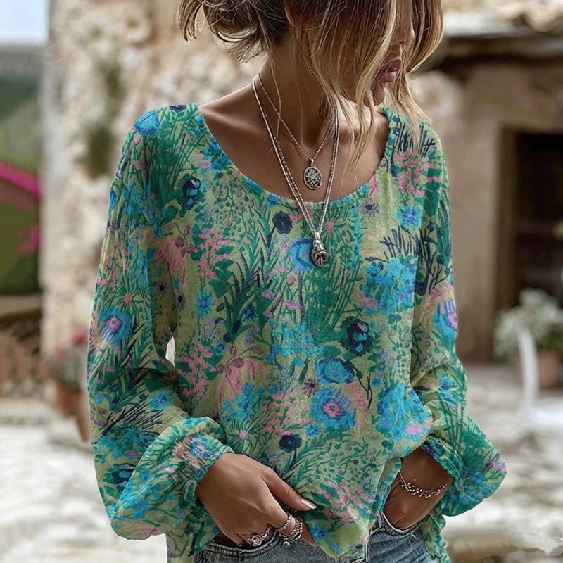Cardydony Women's Bohemian Floral Print Long Sleeve Linen Blend T-shirt