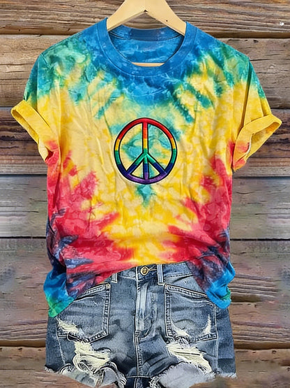 Cardydony Women's Hippie Rainbow Peace Tie-dye Pattern Casual T-shirt