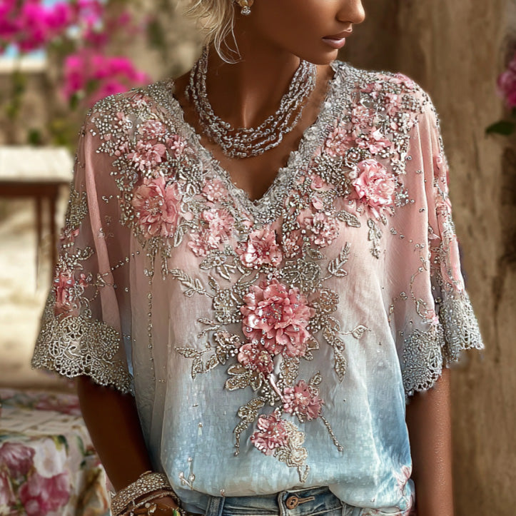 Cardydony Women's Retro Bohemian Style Floral Print V-neck Short-sleeve Top
