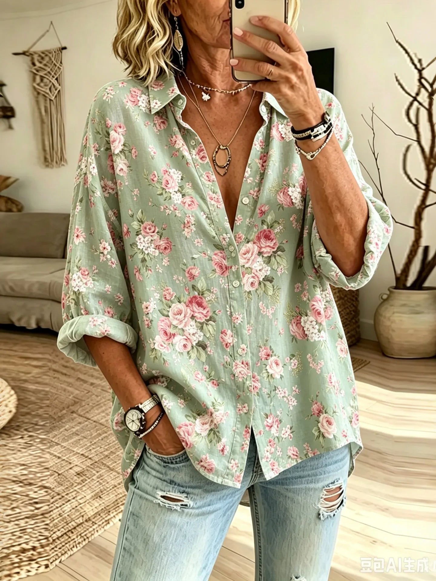 Cardydony Women's Vintage Floral Art Print Flowy Linen Blend Long Sleeve Shirts