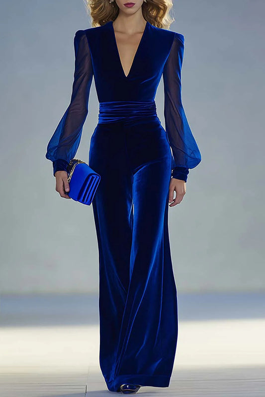 Cardydony Women's Solid Color Velvet V-neck Long-sleeved Elegant Fitted Jumpsuit