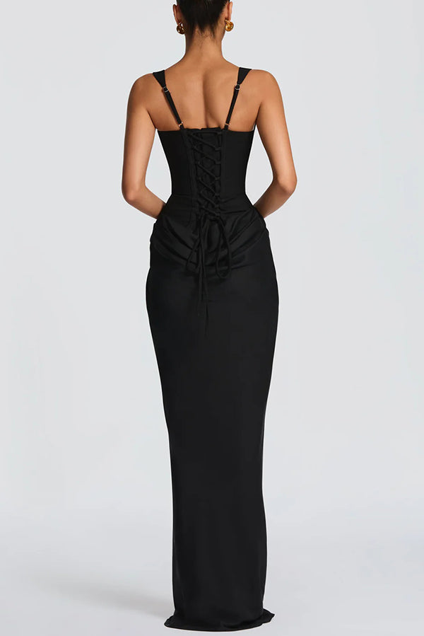 Cardydony Women's Larrah Square Neck Back Lace-up Satin Drape Hem Maxi Dress