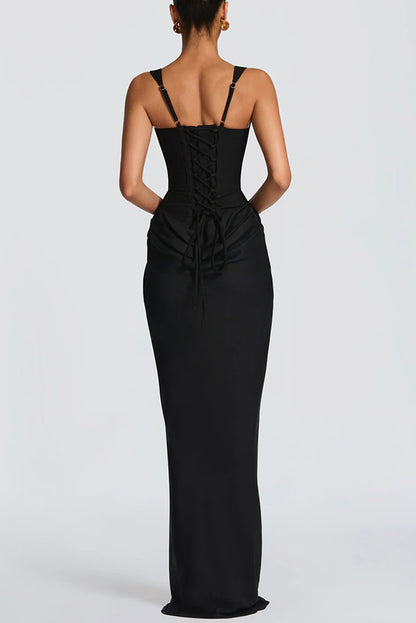 Cardydony Women's Larrah Square Neck Back Lace-up Satin Drape Hem Maxi Dress
