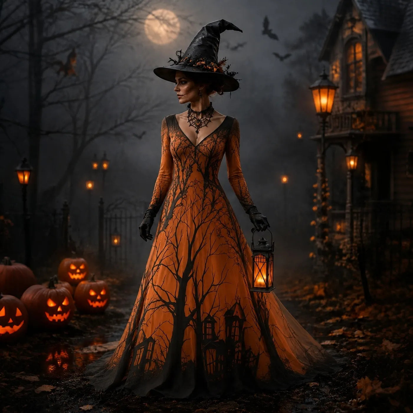 Cardydony Women's Halloween Gradient Treehouse Print Witch V-neck Maxi Dress