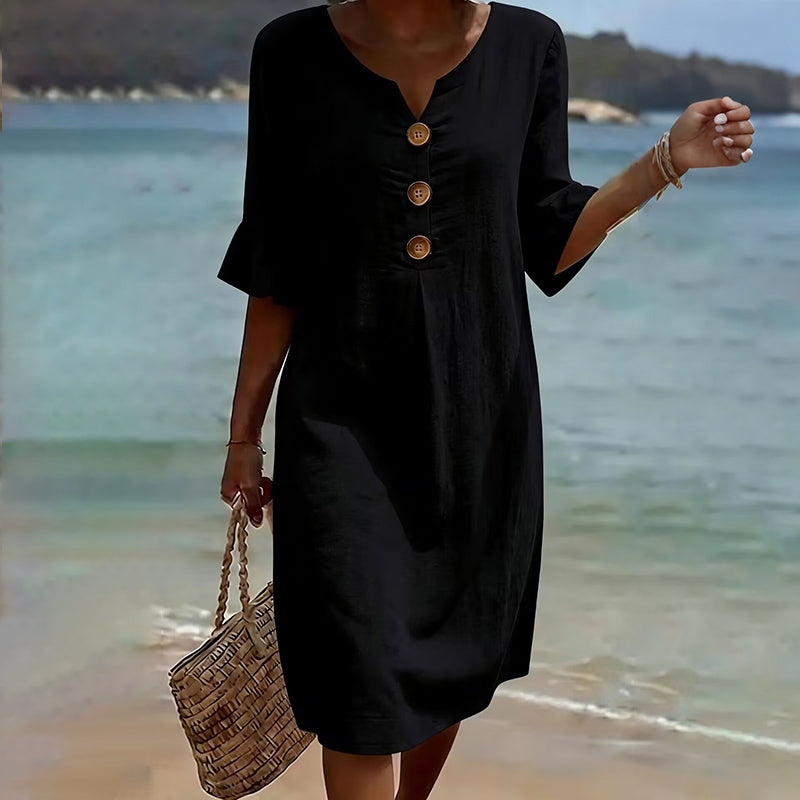 Cardydony Casual Solid-color Cotton V-neck Button Midi Dress