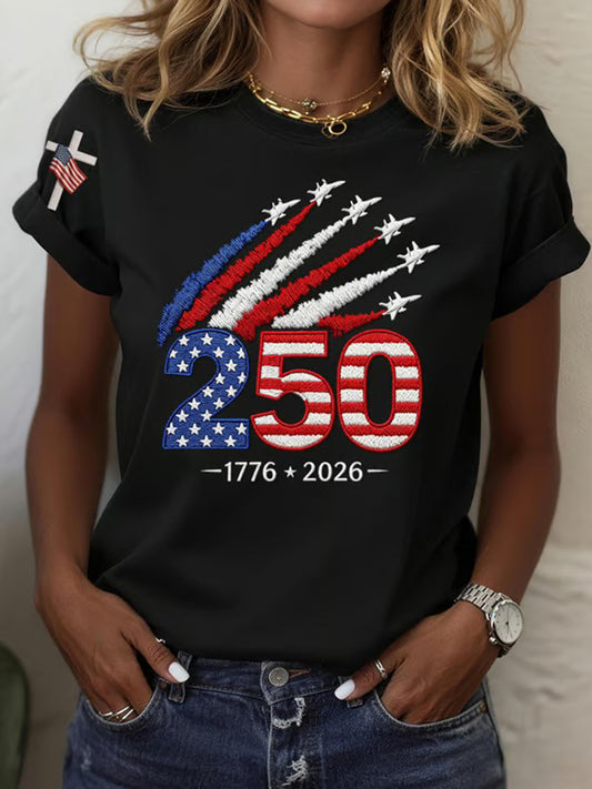 Cardydony Women's Usa 250th Anniversary Embroidered Print T-shirt