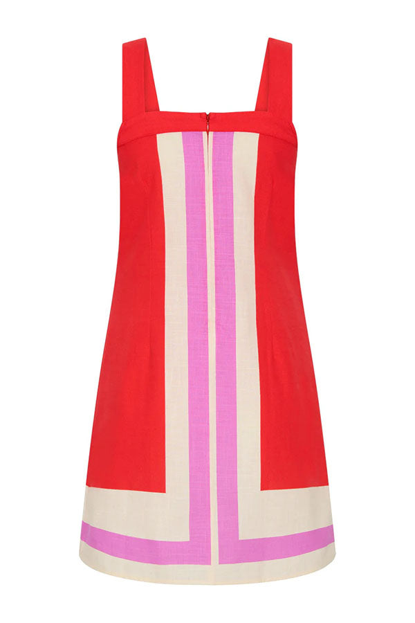 Cardydony Women's Mika Linen Blend Contrast Color Lines Square Neck Loose Mini Dress