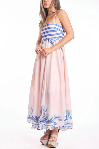 Cardydony Women's Unique Print Square Neck Spaghetti Strap Back Gathered Maxi Dress