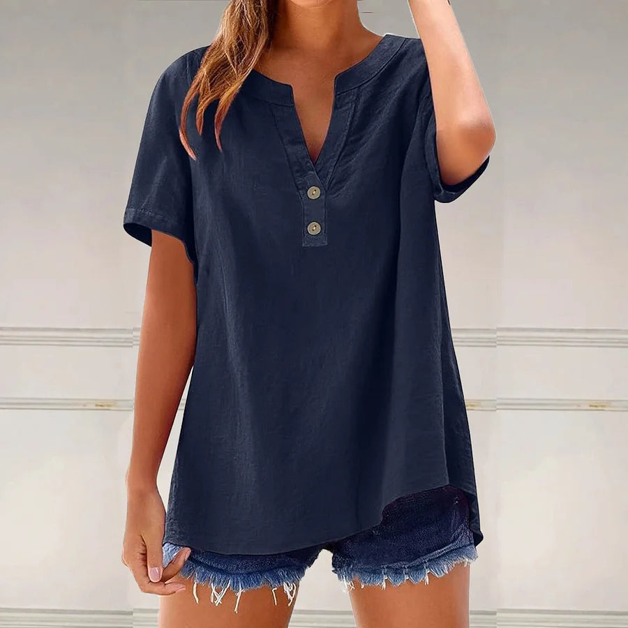 Cardydony Solid Color Linen Blended V-neck Loose Blouse