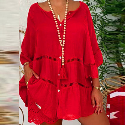 Cardydony Casual Lace-trimmed Three-quarter Sleeve Cotton And Linen Shirt Dress