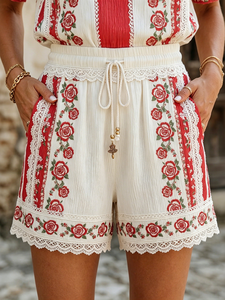 Cardydony Vintage Rose Art Cotton Linen Shorts