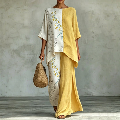 Cardydony Forest Floral Contrast Flowy Linen Tunic & Wide Leg Pants Set