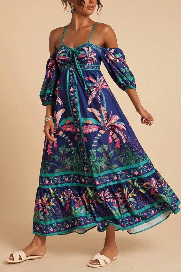 Cardydony Women's  Coconut Tree Print Off-shoulder Half Sleeve Casual Vacation Maxi Dress