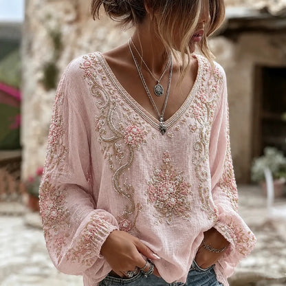 Cardydony Women's Retro Floral Embroidered Art V-neck Long Sleeve Linen Blend T-shirt