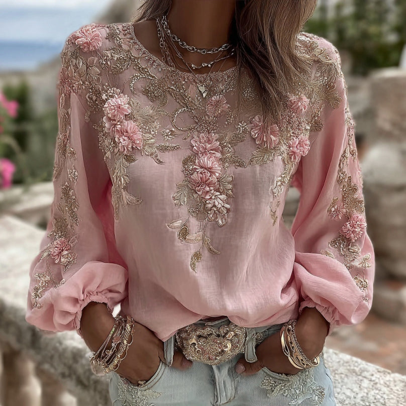 Cardydony Women's Vintage Pink Rose Embroidery Art Round Neck Long Sleeve Linen Blend T-shirt