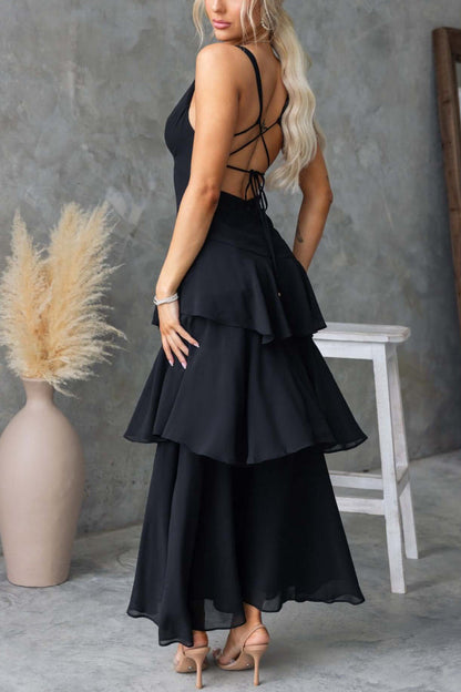 Cardydony Women's Solid Color V-neck Sleeveless Elegant Layered Maxi Dress