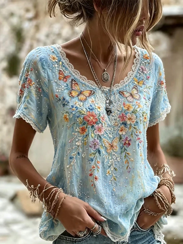 Cardydony Women's Colorful Floral And Butterfly Art Embroidered Linen Blend Lace Crew Neck Short Sleeve Top
