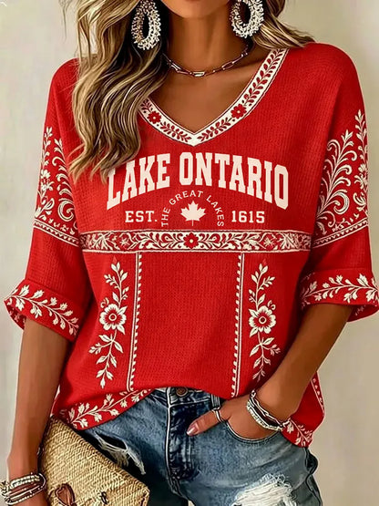 Cardydony Women's Retro Lake Ontario Est 1615 With Ethnic Floral Design Graphic Casual Top